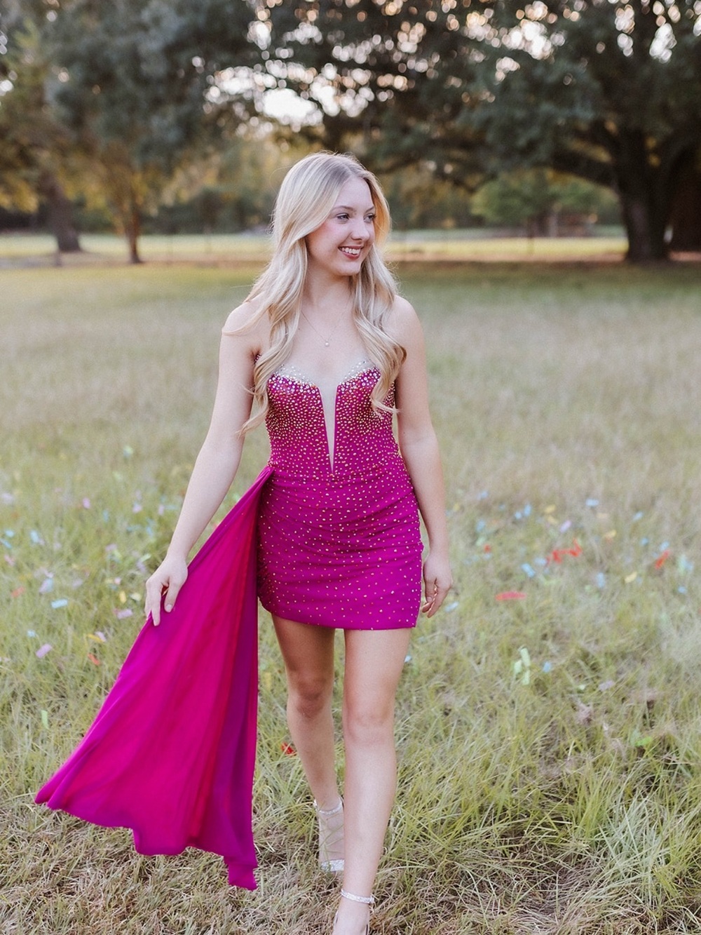 Homecoming dress - Strapless Fuchsia Beaded Mini Dress with Draped Train
